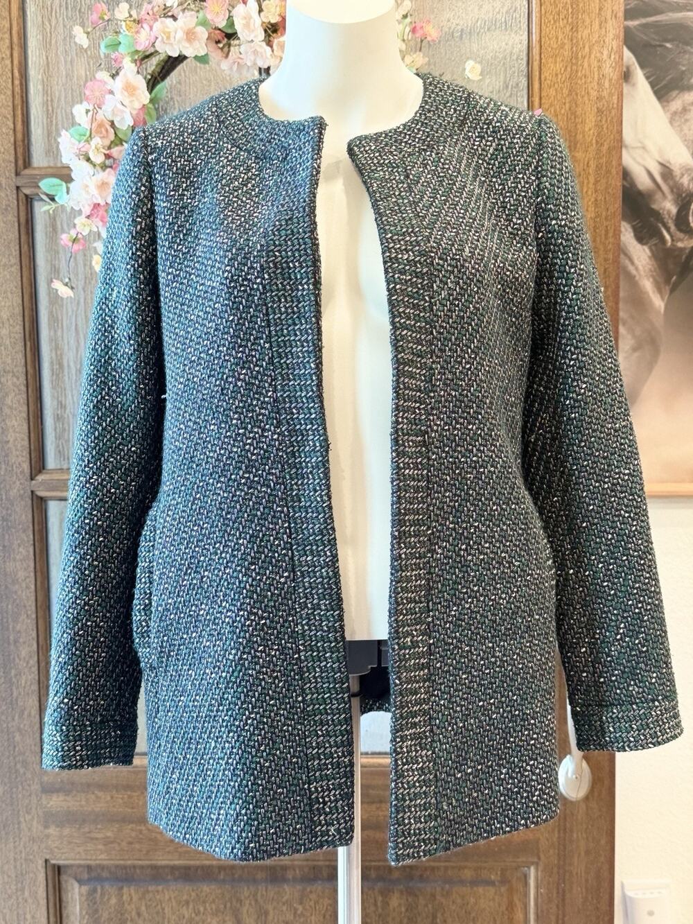 Ann Taylor Green Black Tweed Knit Blazer Jacket Women’s XS #J0008-0T